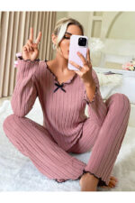 Dusty Rose Cotton Bow Detail Pajama Set