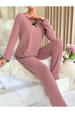 Dusty Rose Cotton Bow Detail Pajama Set - Image 2