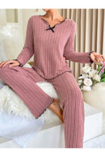 Dusty Rose Cotton Bow Detail Pajama Set - Image 3