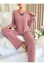 Dusty Rose Cotton Bow Detail Pajama Set - Image 4