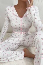 V-Neck Printed Long Pajama Set with Bow Detail