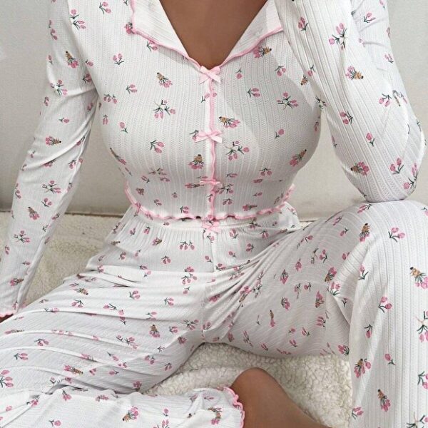 V-Neck Printed Long Pajama Set with Bow Detail