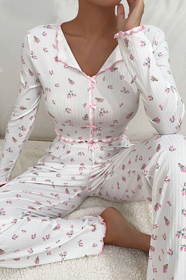 1_org_zoom-473.jpg V-Neck Printed Long Pajama Set with Bow Detail - Image 1