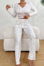 V-Neck Printed Long Pajama Set with Bow Detail - Image 2