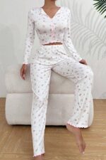 V-Neck Printed Long Pajama Set with Bow Detail - Image 3