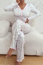 V-Neck Printed Long Pajama Set with Bow Detail - Image 4
