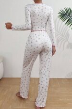 V-Neck Printed Long Pajama Set with Bow Detail - Image 5