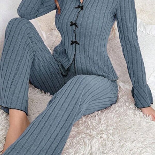 Blue Long Sleeve Bow Detail Pajama Set
