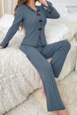 Blue Long Sleeve Bow Detail Pajama Set - Image 4