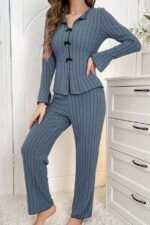 Blue Long Sleeve Bow Detail Pajama Set - Image 5