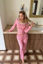 Pink Lace Collar Detailed Ornate Buttoned Long Sleeve Pajama Set