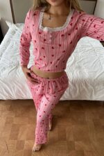 Pink Lace Collar Detailed Ornate Buttoned Long Sleeve Pajama Set - Image 2