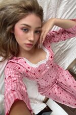 Pink Lace Collar Detailed Ornate Buttoned Long Sleeve Pajama Set - Image 3