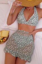 3 Piece Green Daisy Patterned Pareo Bikini Set - Image 2