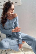 V-Neck Cotton Blue Buttoned Long Pajama Set - Image 4