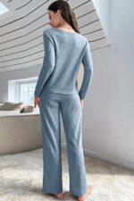 V-Neck Cotton Blue Buttoned Long Pajama Set - Image 5
