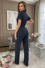 Blue Short Sleeve Polo Neck Soft-Textured Stylish Pajama Set - Image 3