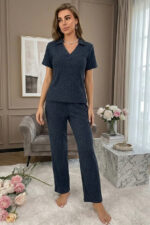 Blue Short Sleeve Polo Neck Soft-Textured Stylish Pajama Set - Image 5