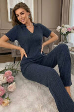 Blue Short Sleeve Polo Neck Soft-Textured Stylish Pajama Set - Image 6