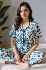 Blue Short Sleeve Button Summer Pajama Set