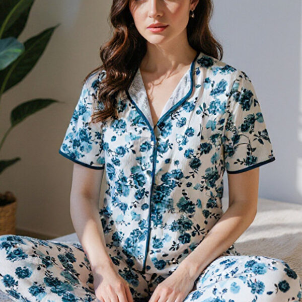 Blue Short Sleeve Button Summer Pajama Set