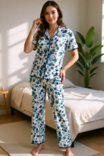 Blue Short Sleeve Button Summer Pajama Set - Image 5