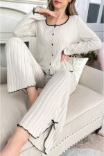 Beige Cotton Slit Bow Detail Pajama Set