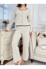 Beige Cotton Slit Bow Detail Pajama Set - Image 3