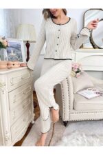 Beige Cotton Slit Bow Detail Pajama Set - Image 6