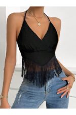 Black Tasseled Crop Women's Blouse