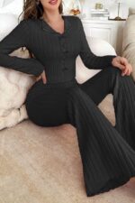Black Soft Cotton Bow Detail Long Pajama Set