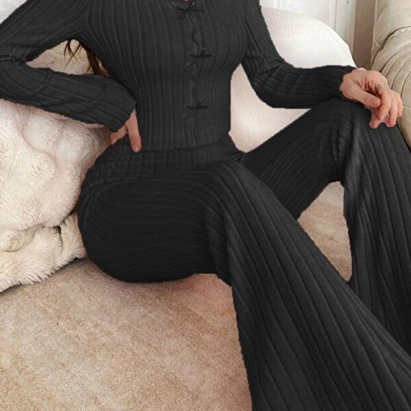 Black Soft Cotton Bow Detail Long Pajama Set