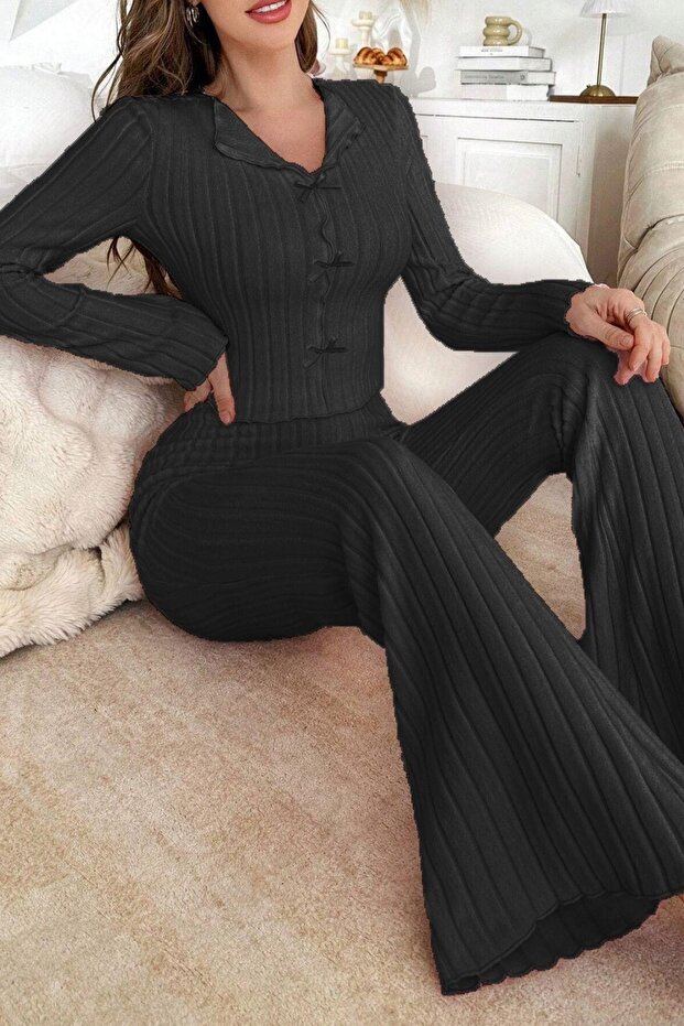 1_org_zoom-542.jpg Black Soft Cotton Bow Detail Long Pajama Set - Image 1