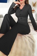 Black Soft Cotton Bow Detail Long Pajama Set - Image 2