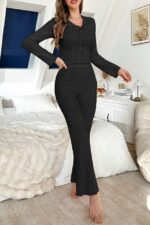 Black Soft Cotton Bow Detail Long Pajama Set - Image 3