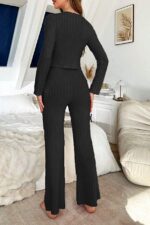 Black Soft Cotton Bow Detail Long Pajama Set - Image 4