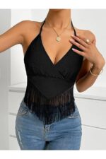 Black Tasseled Crop Women's Blouse - Image 2