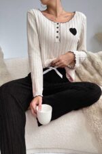 Embroidered Black Cotton Pajama Set with Heart Detail - Image 2