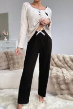 Embroidered Black Cotton Pajama Set with Heart Detail - Image 3