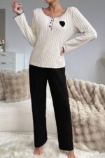 Embroidered Black Cotton Pajama Set with Heart Detail - Image 4