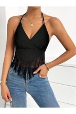 Black Tasseled Crop Women's Blouse - Image 3