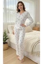 Ecru Minimal Tulip Patterned Bow Detailed V-Neck Pajama Set