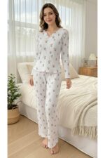 Ecru Minimal Tulip Patterned Bow Detailed V-Neck Pajama Set - Image 2