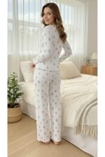 Ecru Minimal Tulip Patterned Bow Detailed V-Neck Pajama Set - Image 3