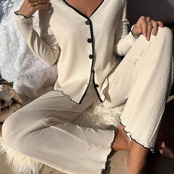 V-Neck Buttoned Long Pajama Set
