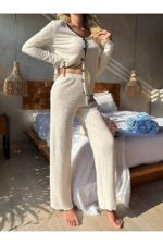 V-Neck Buttoned Long Pajama Set - Image 4
