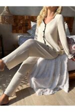 V-Neck Buttoned Long Pajama Set - Image 5