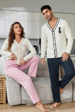 Men's Buttoned Long Sleeve Embroidered Couple Pajama Set