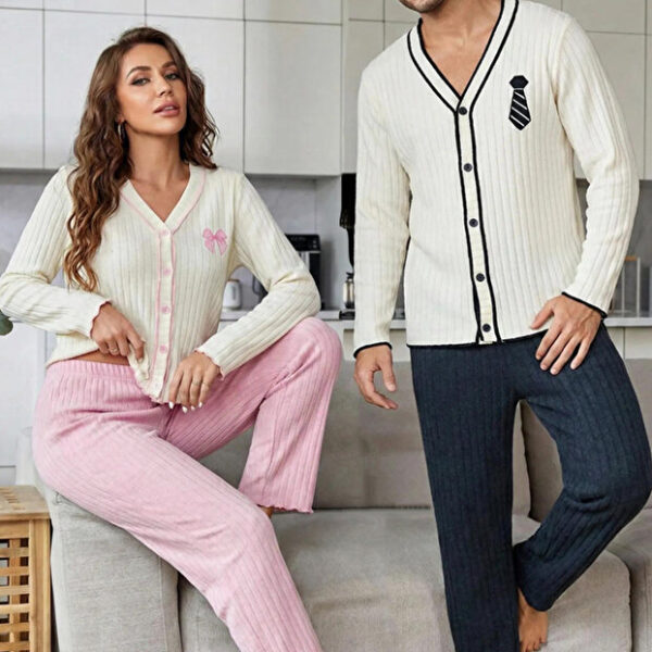 Men's Buttoned Long Sleeve Embroidered Couple Pajama Set