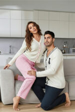 Men's Buttoned Long Sleeve Embroidered Couple Pajama Set - Image 2